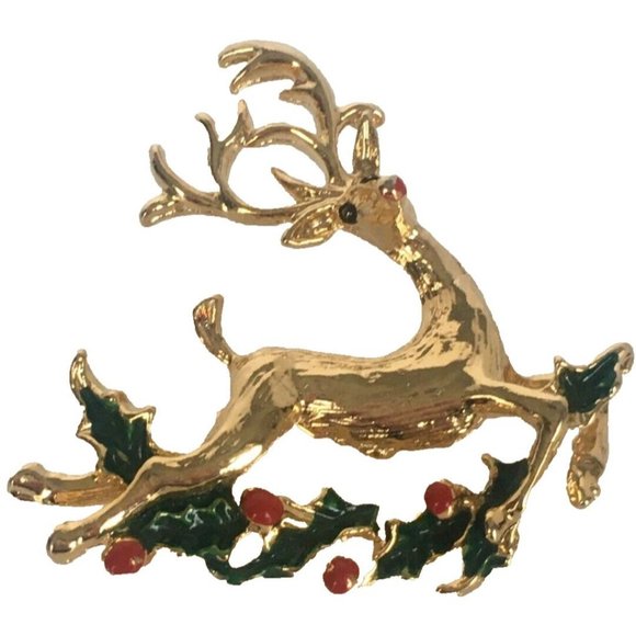Unbranded Jewelry - Vintage Leaping Reindeer Pin Brooch Christmas Holly Leaves Berries Holiday Gift